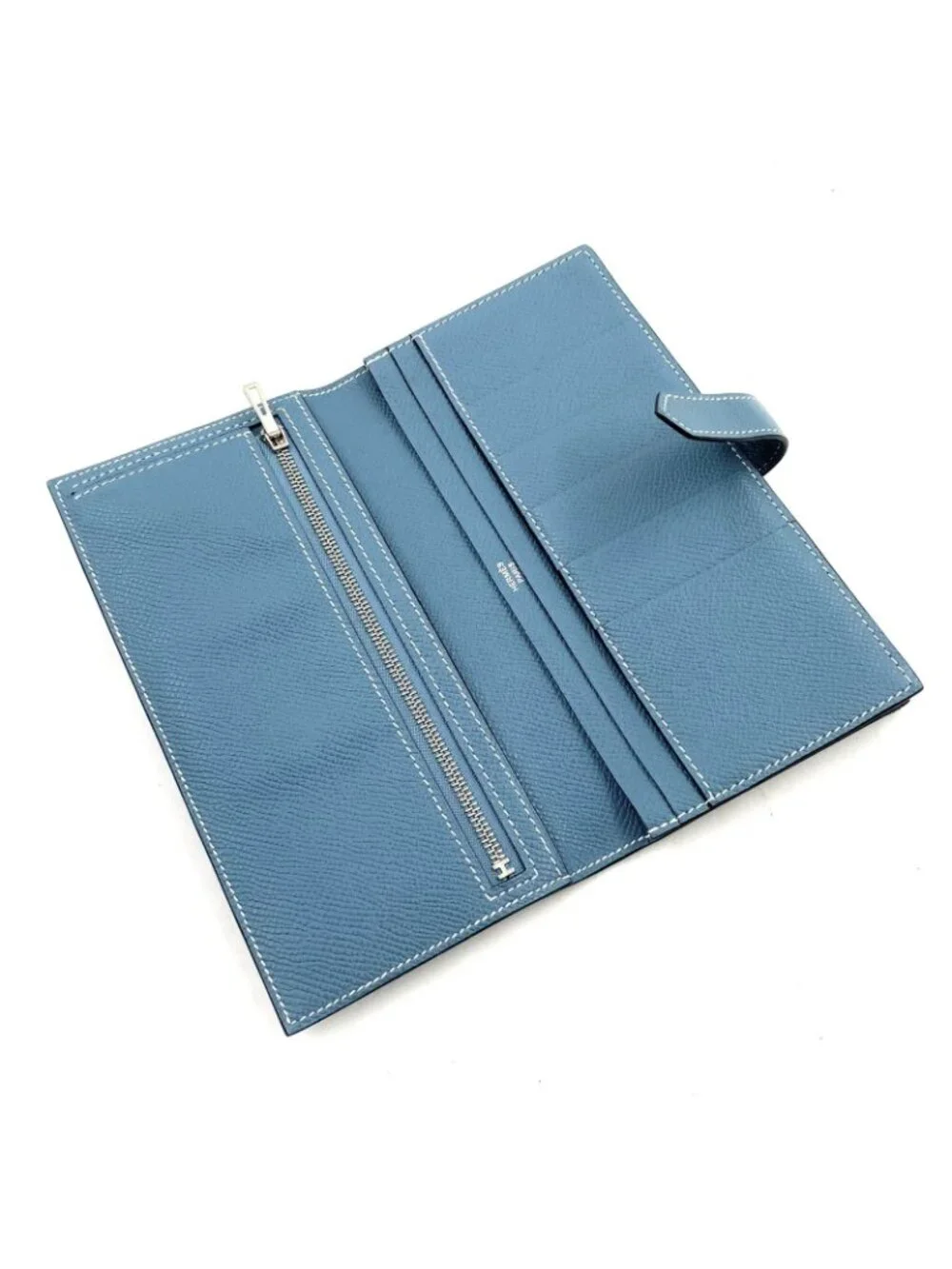 Hermes Bearn Souffle Leather Light Blue Wallet Silver